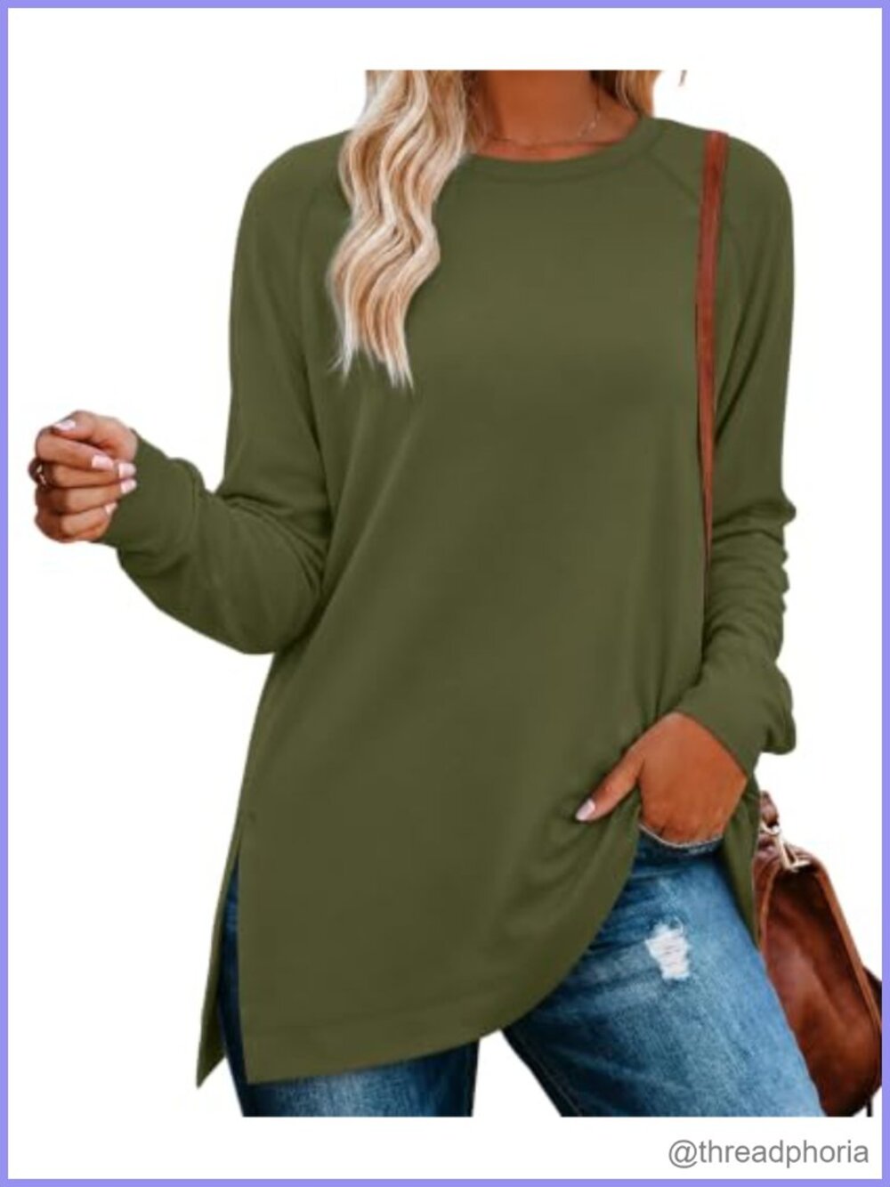 Womens Tunic Top Long Sleeve Crew Neck Loose Fit Side Slits